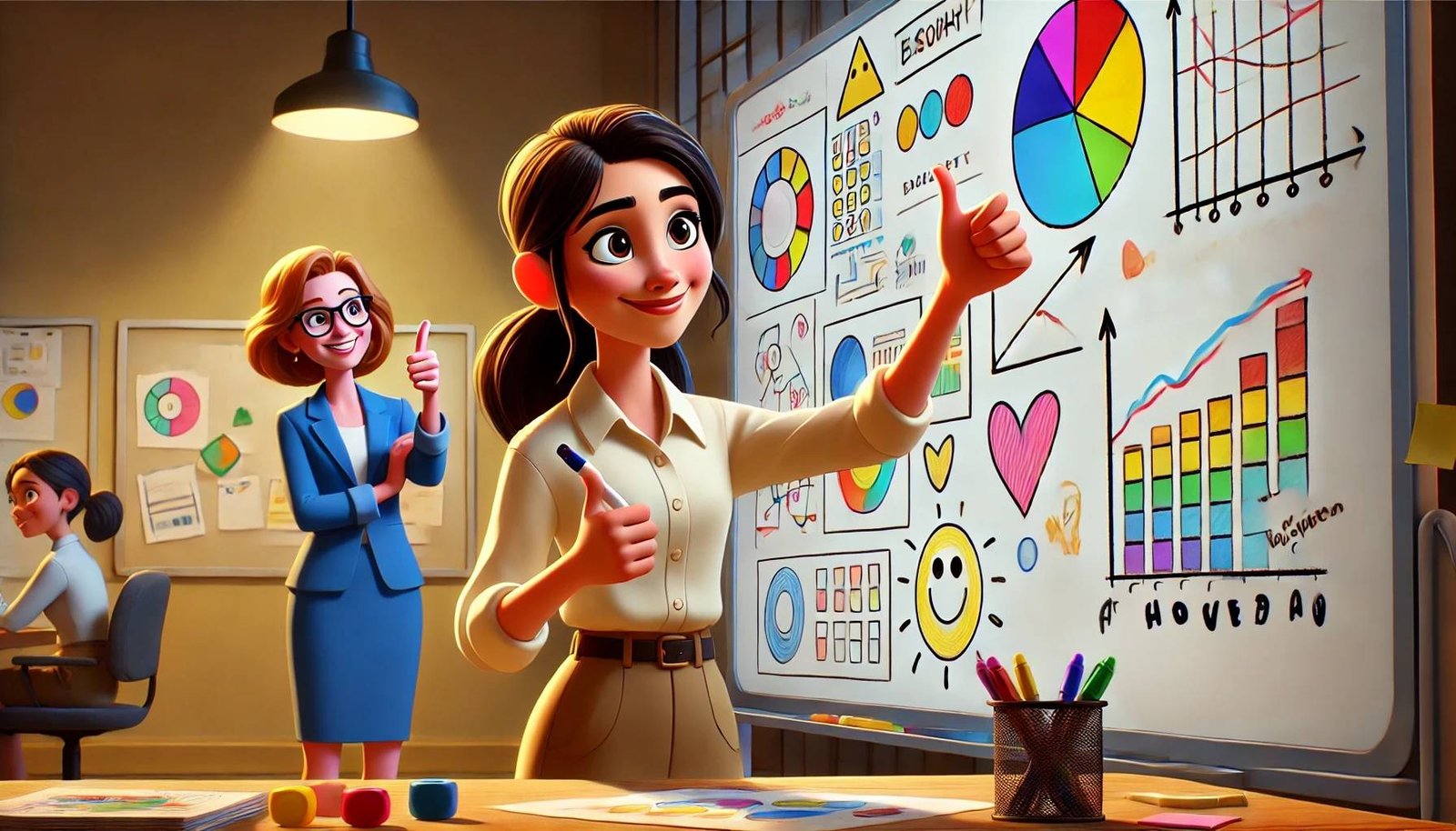 Woman giving thumbs up at whiteboard.